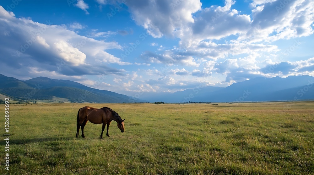 Poster majestic horse grazing in a vast green field with rolling hills and a dramatic sky in the background
