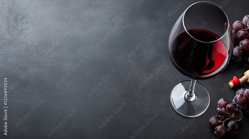 Poster a refined glass of red wine elegantly placed beside fresh grapes on a dark textured surface : genera