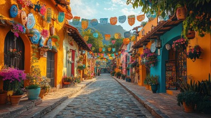 Obraz premium Colorful cobblestone street, festive decorations, mountain backdrop, Mexico