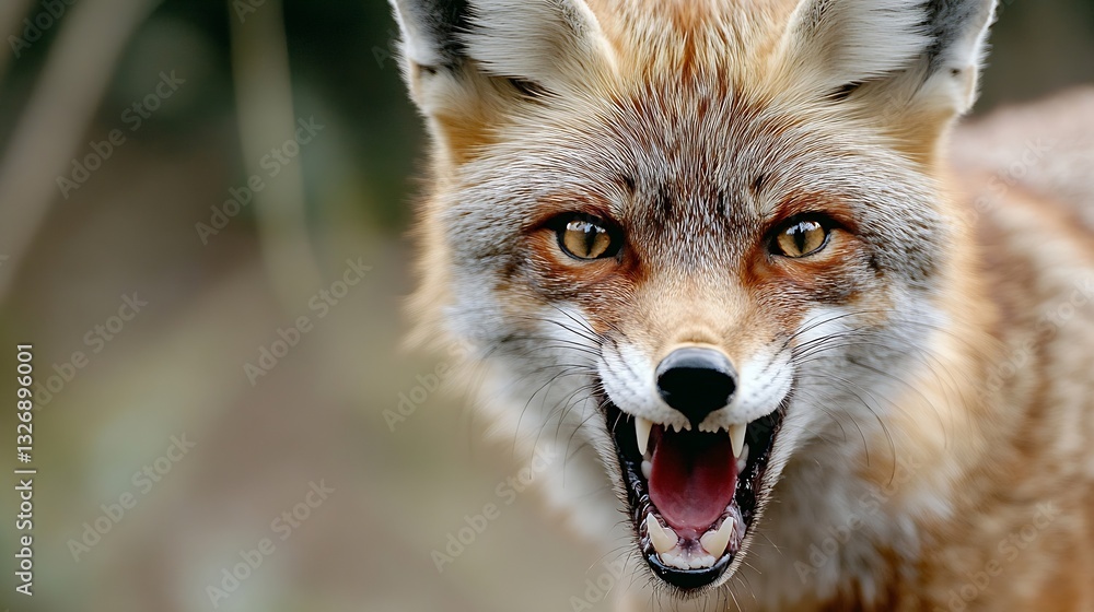 Poster intense closeup of a fox with open mouth showing teeth in the wild : generative ai