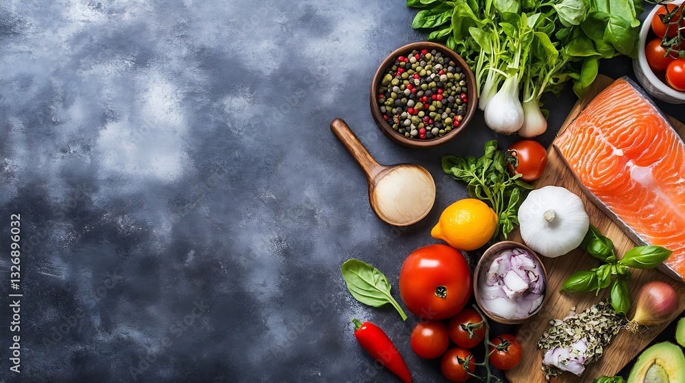 Aufkleber fresh seafood vegetables and spices arranged on a rustic wooden table : generative ai