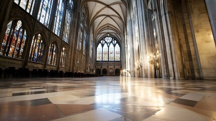 Interior view of a grand historic cathedral featuring stained glass windows and tall arches : Generative AI