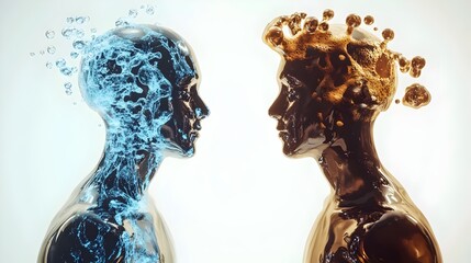 Two humanoid figures: one clear and filled with water, the other dark and brimming with coffee. symbolizes duality and contrast calm vs. energy, clarity vs. intensity, or nature vs. stimulation. I