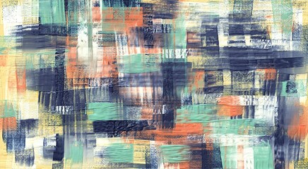Richly textured abstract composition with an earthy color palette, featuring bold brushstrokes and structured layers, creating a dynamic interplay of form, depth, and visual complexity
