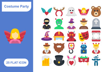 Costume Party Flat Icon Set, Collection of 25 Costume Party Flat Icon Set – 25 Mask, Outfit, and Celebration Icons