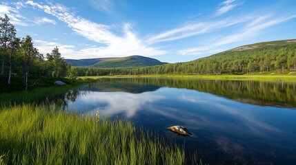 Fototapeta premium Beautiful calm lake surrounded by verdant hills and blue skies reflecting on the water surface : Generative AI