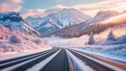 asphalt road in the middle of the Cascade Mountains in Oregon America, winter
