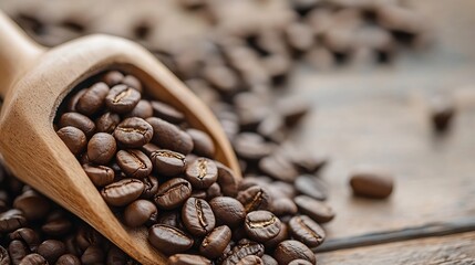 Freshly roasted coffee beans spilling out of wooden scoop on rustic table pleasing coffee lovers everywhere : Generative AI