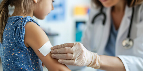 Caring doctor applying a bandage on the arm of a young child in a medical setting, focusing on health, healing, and compassion in healthcare