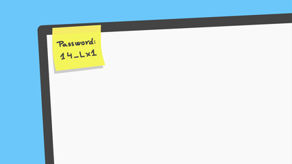 Fototapeta premium Illustration of a yellow sticky note with a handwritten password attached to the top corner of a computer monitor, representing security risks and password management