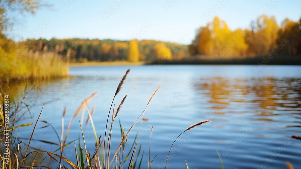 Poster peaceful autumn scene by a lake with golden trees and soft sunlight reflecting on water : generative