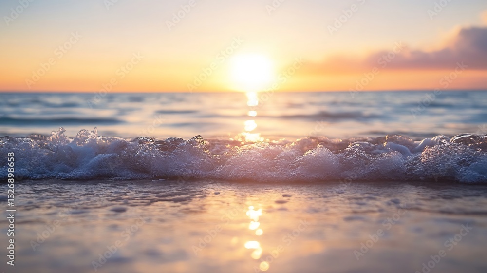 Poster serene sunset over ocean waves gently lapping at the shore with bright reflection on water surface :