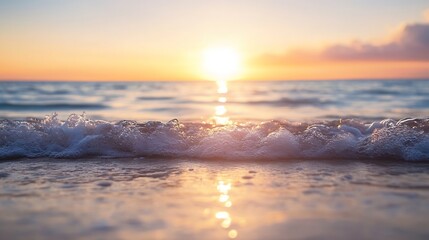Fototapeta premium Serene sunset over ocean waves gently lapping at the shore with bright reflection on water surface : Generative AI