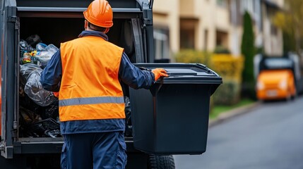 A garbage collector emptying a plastic waste bin into a truck in a residential area, showcasing community cleanliness and waste management efforts
