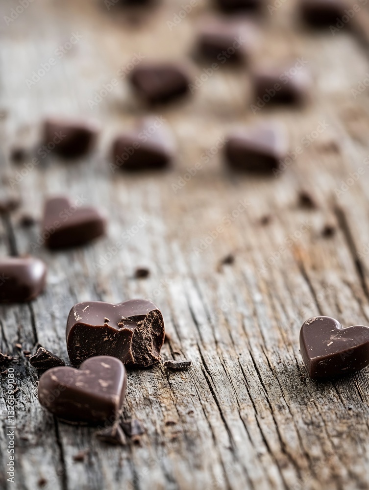 Aufkleber handcrafted chocolate hearts scattered on rustic wooden surface creating a sweet scene : generative 