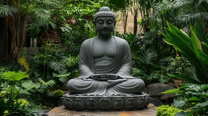 Serene Buddha Statue in Lush Tropical Garden