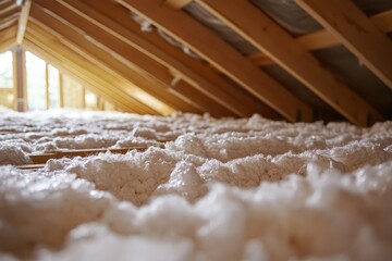 Ceiling Joists: Inside an Incomplete Home with Wooden Beams and Vapor Barrier Film