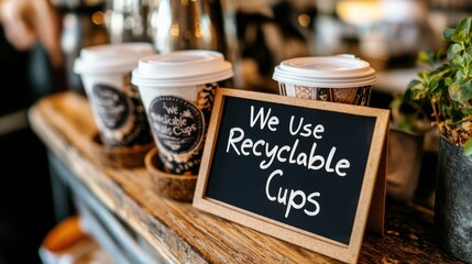 A coffee shop features a charming sign promoting recyclable cups alongside eco-friendly coffee cups, emphasizing sustainability and environmental awareness