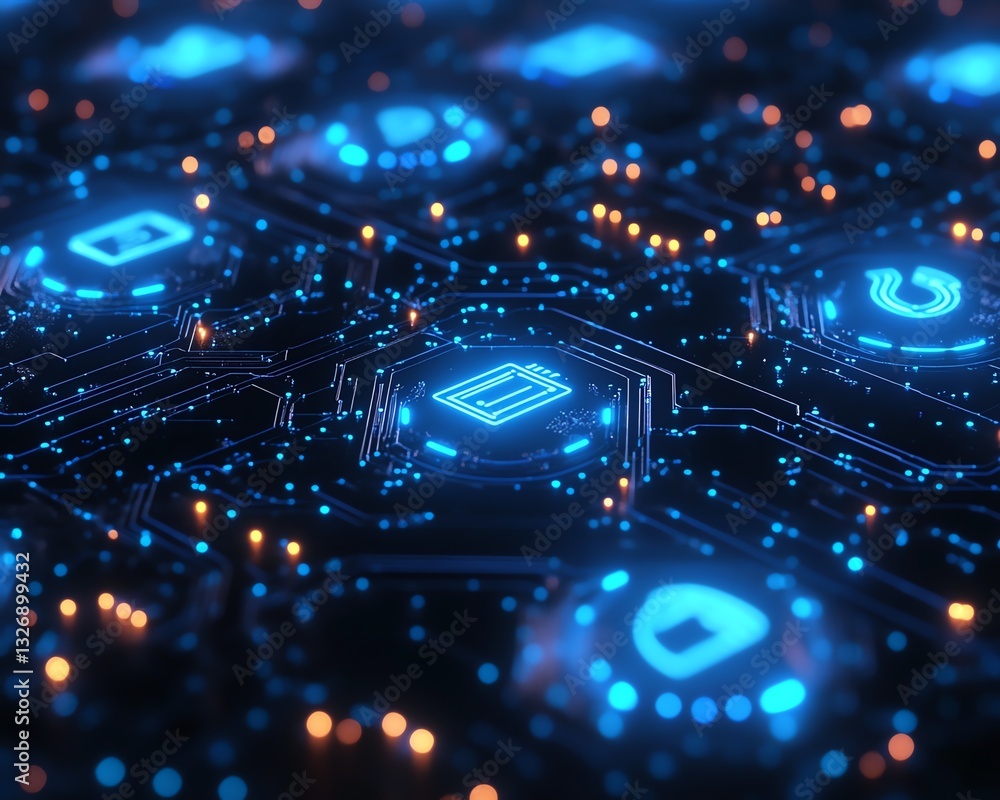 Fototapete remote work and digital collaboration represented by glowing blue user symbols interconnected on a d