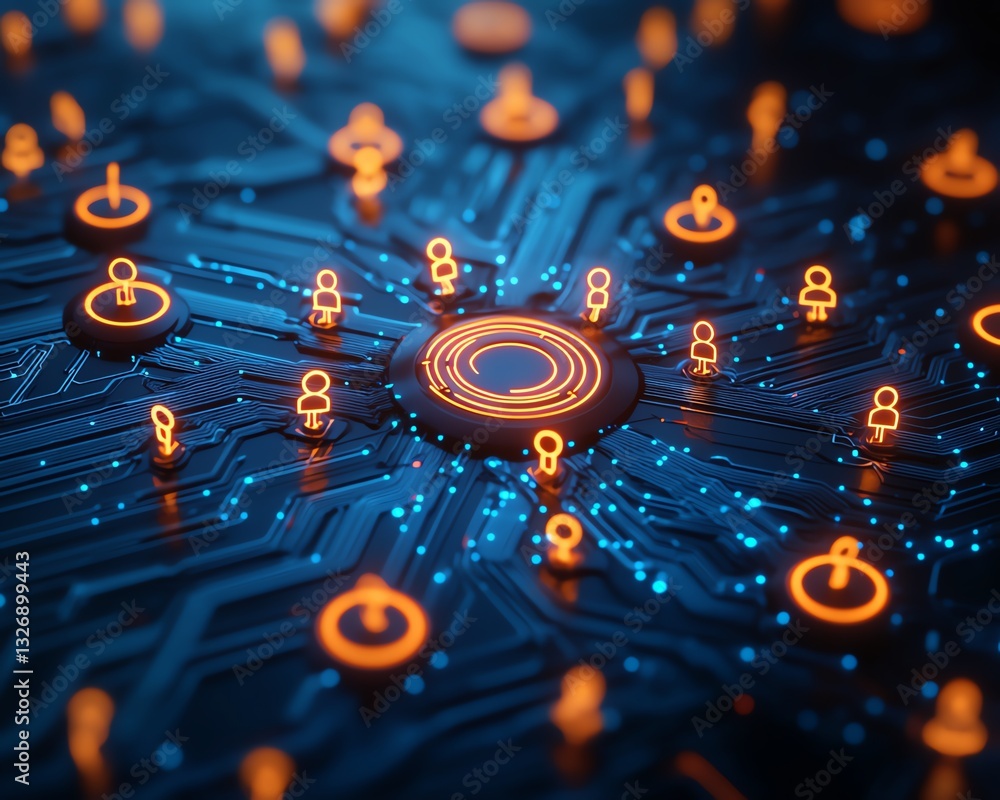 Poster remote work and digital collaboration represented by glowing blue user symbols interconnected on a d