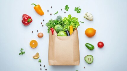 A modern supermarket showcases a plastic-free shopping experience with fresh vegetables and fruits in a brown paper bag