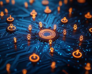 Fototapeta premium Remote work and digital collaboration represented by glowing blue user symbols interconnected on a dark blue abstract background, 3D rendering