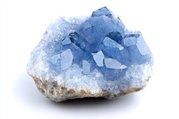Celestite Crystal Druse Close-up. Blue Semi-precious Stone Isolated on White Background