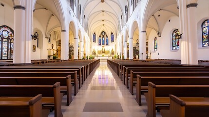 Fototapeta premium Interior view of a beautiful church showcasing wooden pews and stunning stained glass windows : Generative AI