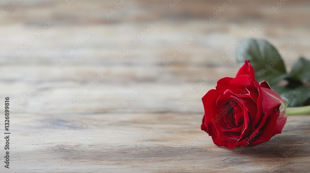 Aufkleber Single Red Rose Petal Resting Elegantly on a Rustic Wooden Surface : Generative AI