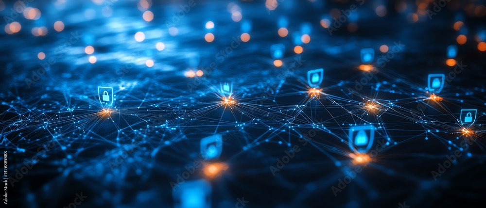 Poster remote work and social connection concept with glowing blue digital user symbols connected between e