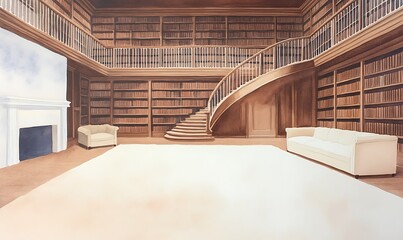 Obraz premium Spacious library with wooden shelves, spiral staircase, and cozy seating area.