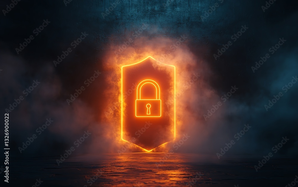 Fototapete Safety and information privacy concept with a digital padlock in a shield, surrounded by virtual fog and dark abstract background, 3D rendering with space for advertising text