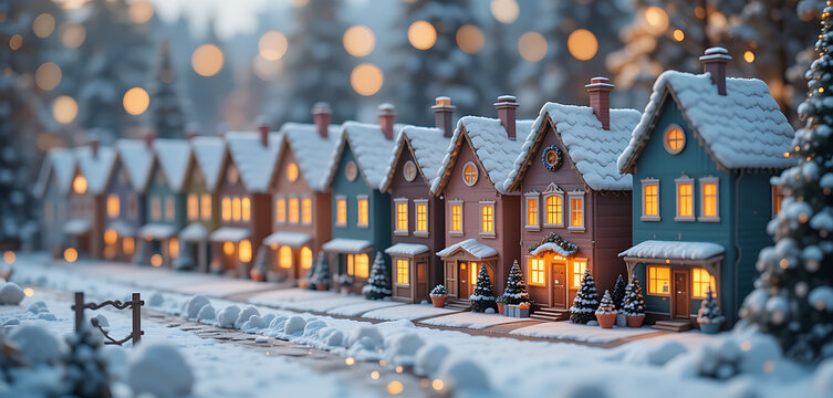 Miniature Winter Village Houses Lit Up at Night During Holiday Season in Snowy Landscape