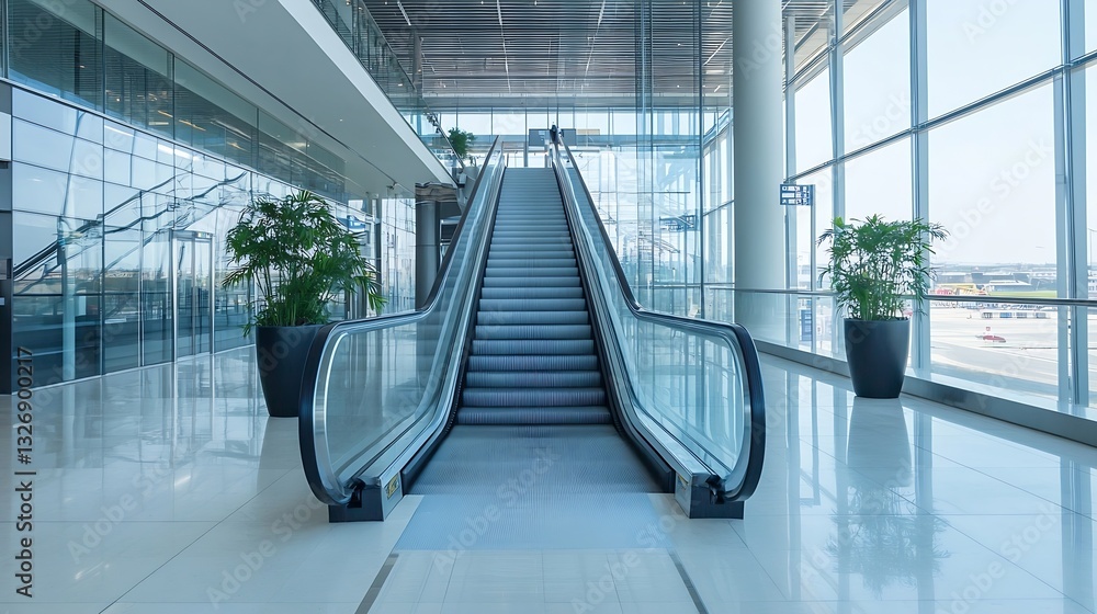 Poster Modern escalator in a spacious architectural space showcasing contemporary design in an airport environment : Generative AI