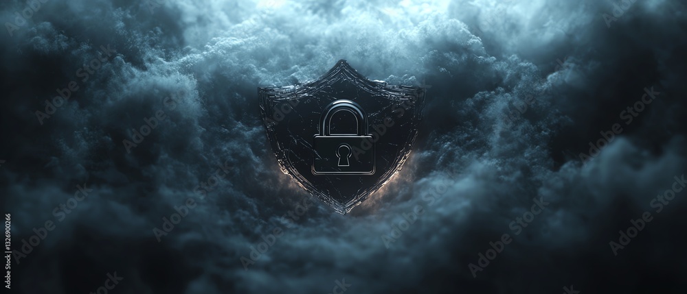 Aufkleber safety protection and information privacy concept with a digital padlock in a shield on an abstract 