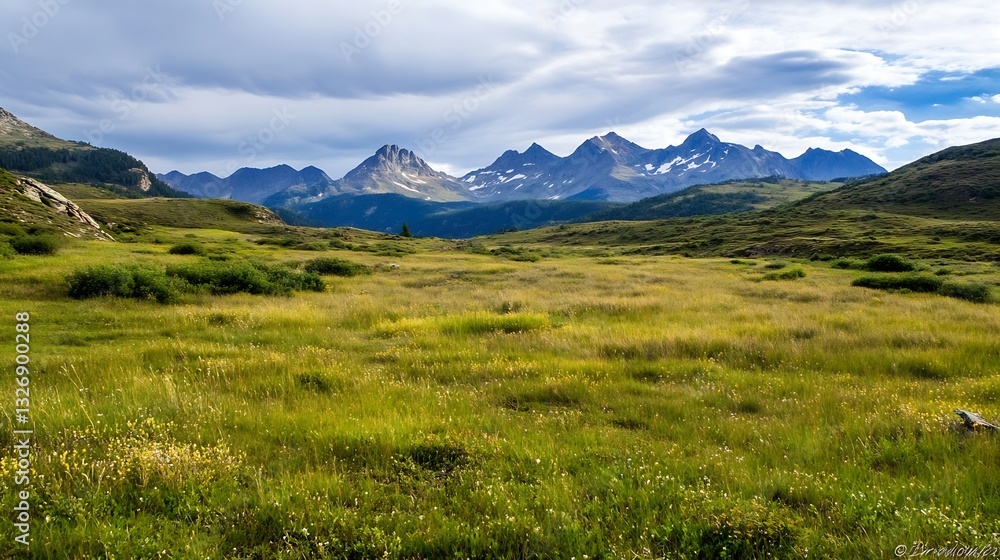 Poster vast green meadow in the mountains under a beautiful cloudy sky during summer : generative ai
