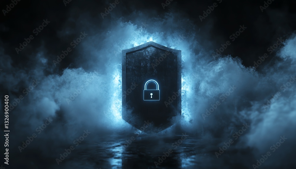 Aufkleber safety protection and information privacy concept with a digital padlock in a shield on an abstract 