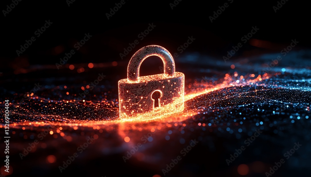 Aufkleber safety protection and information privacy concept with a digital padlock in a shield on an abstract 
