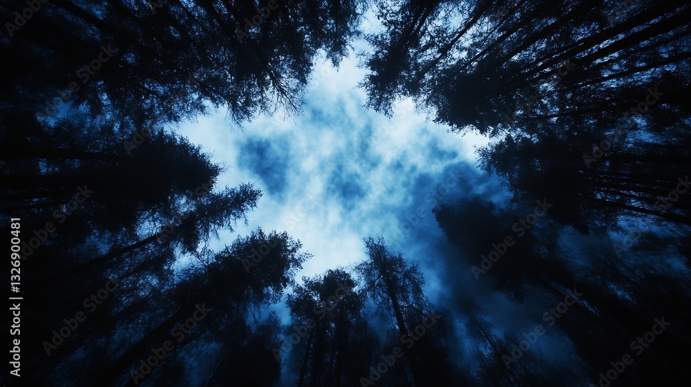 Poster majestic view of dark trees silhouetted against a cloudy night sky offering a serene and mysterious 