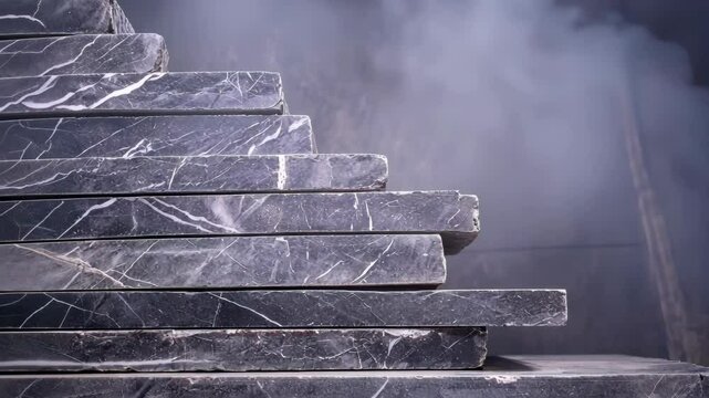 Stacked marble slabs with smoky background in industrial setting