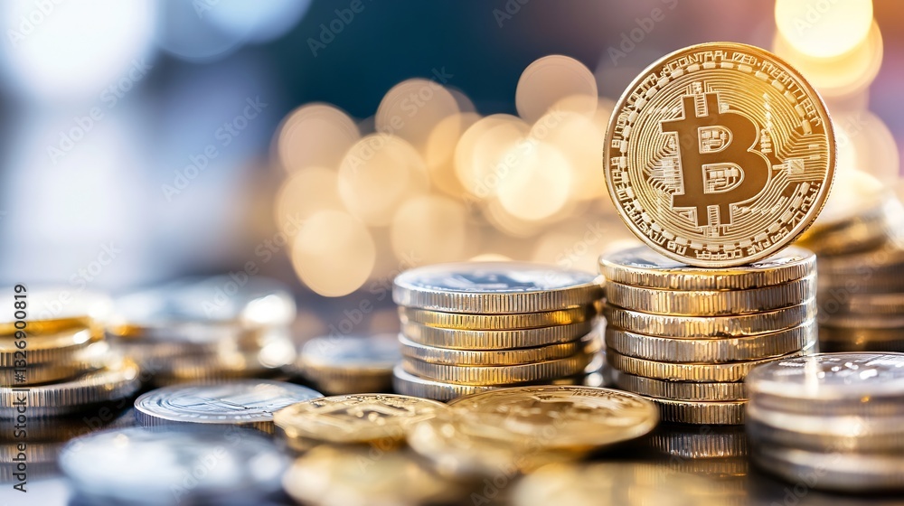 Aufkleber stacked bitcoin coins against a blurred golden background symbolizing digital currency : generative 