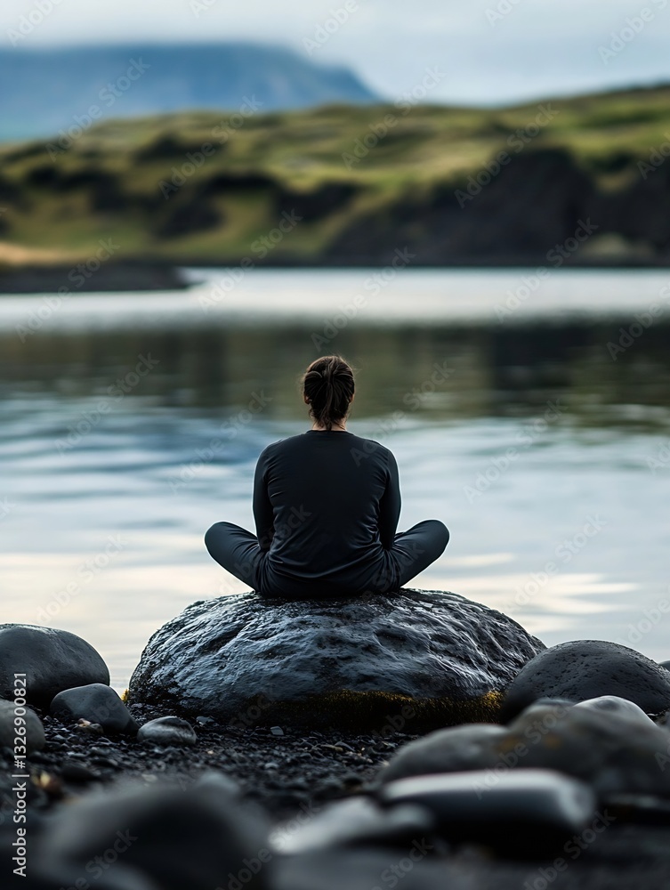 Poster meditative person sitting on a rock by the water reflecting calmness and serenity : generative ai
