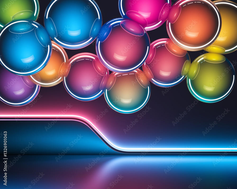 Poster abstract background with colorful glossy spheres and neon light, creating a modern and vibrant showc