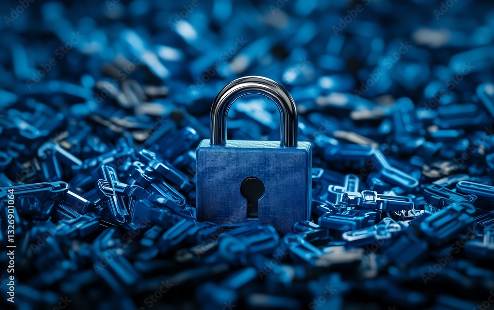 Poster 3D rendered concept of a digital close padlock surrounded by blue keys on a dark abstract background, symbolizing cyber security and the unlocking process