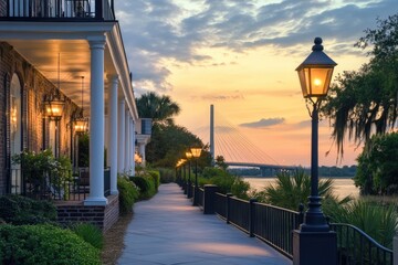 Charleston Bridge at Dusk: A Landmark in South Carolina with Arthur Ravenel Jr. Bridge and Cooper River Views