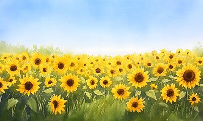 Fototapeta premium A vibrant field of sunflowers under a clear blue sky.