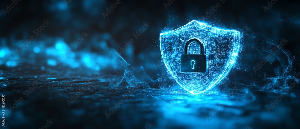 Poster 3d rendered concept of a digital padlock in a shield on a dark abstract background