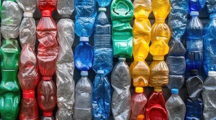 A colorful display of recycled plastic bottles promotes public awareness about recycling and environmental conservation