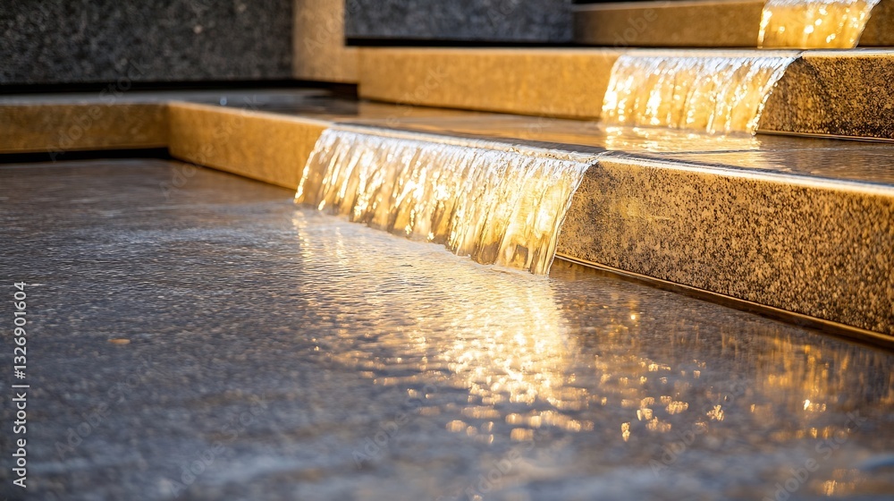 Fototapete closeup view of cascading water flowing over granite steps reflecting sunlight creating a calming na
