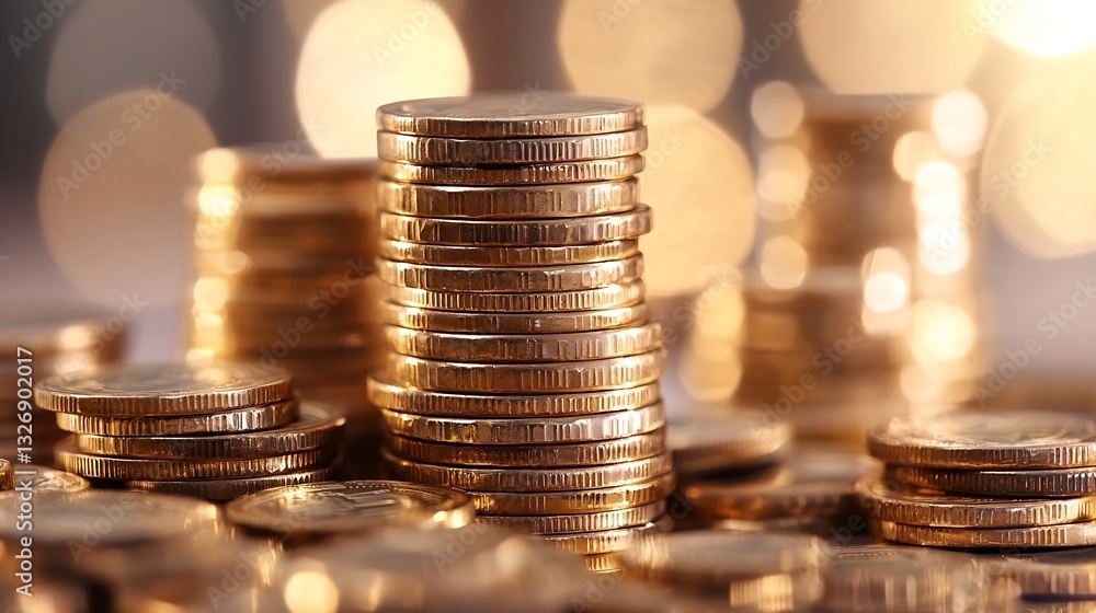 Poster stacked gold coins creating a shimmering pile against a warm bokeh background for wealth : generativ